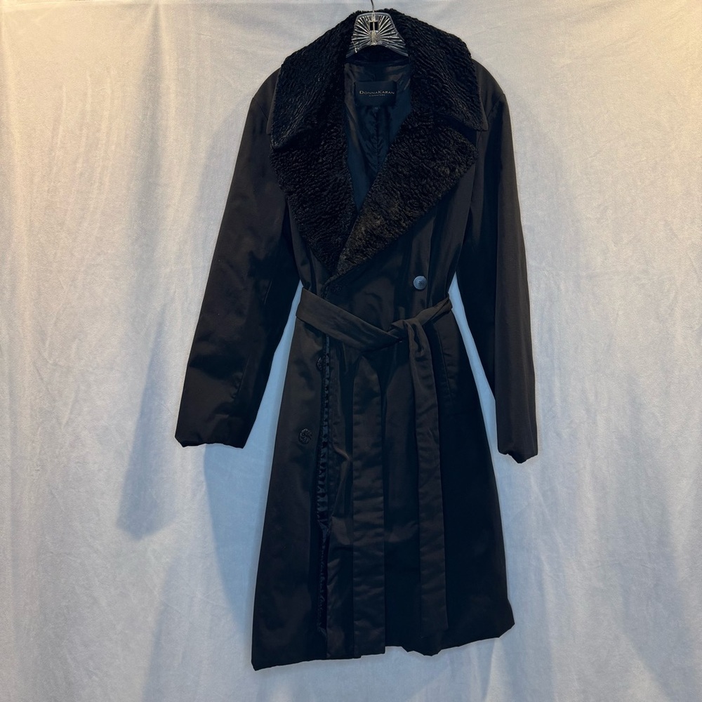 DONNA KARAN Nylon Trench Coat w/removable Fur Belted Women’s Sz 10 Weatherproof